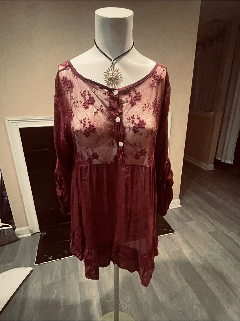 Boho Embroidered Sheer Yoke Romantic Blouse - Burgundy